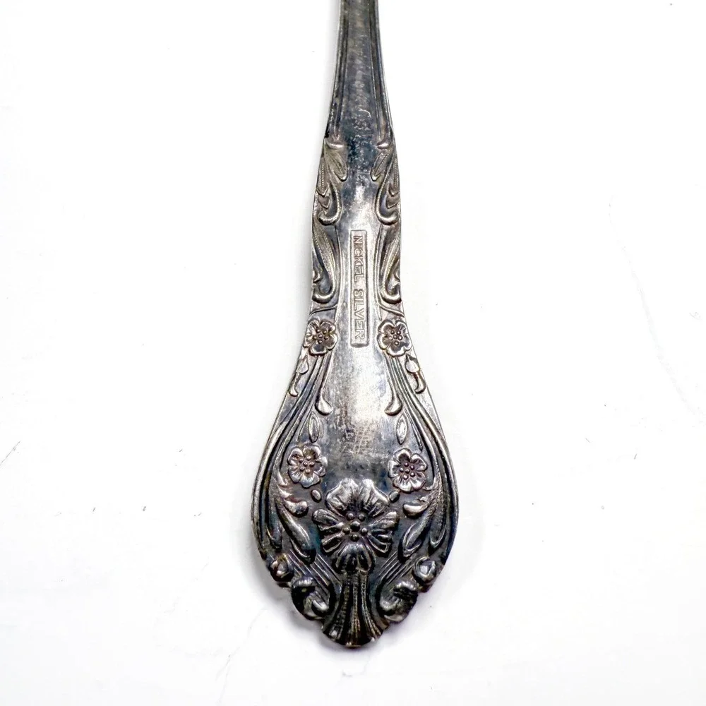 Floral Salad‎ Serving Fork & Spoon Set - Vintage 1920s-40s Nickel Silver Ornate